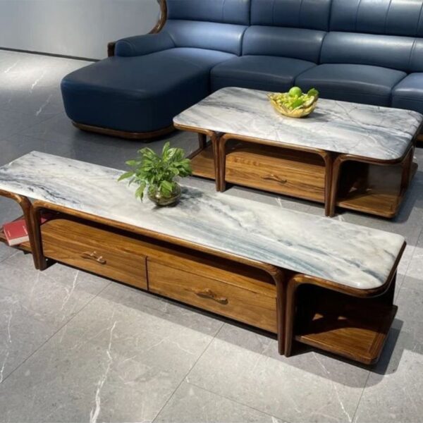 Bộ Bàn Trà Kệ Tivi Gỗ Mun Mặt Đá Nhập Khẩu K-KD1921