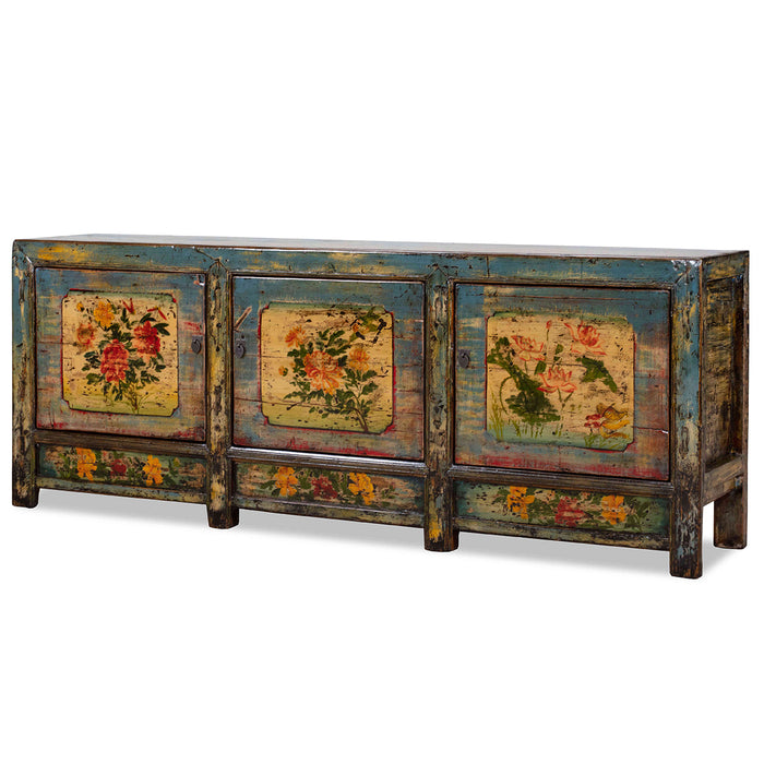 Large Blue Lacquer Sideboard with Flowers