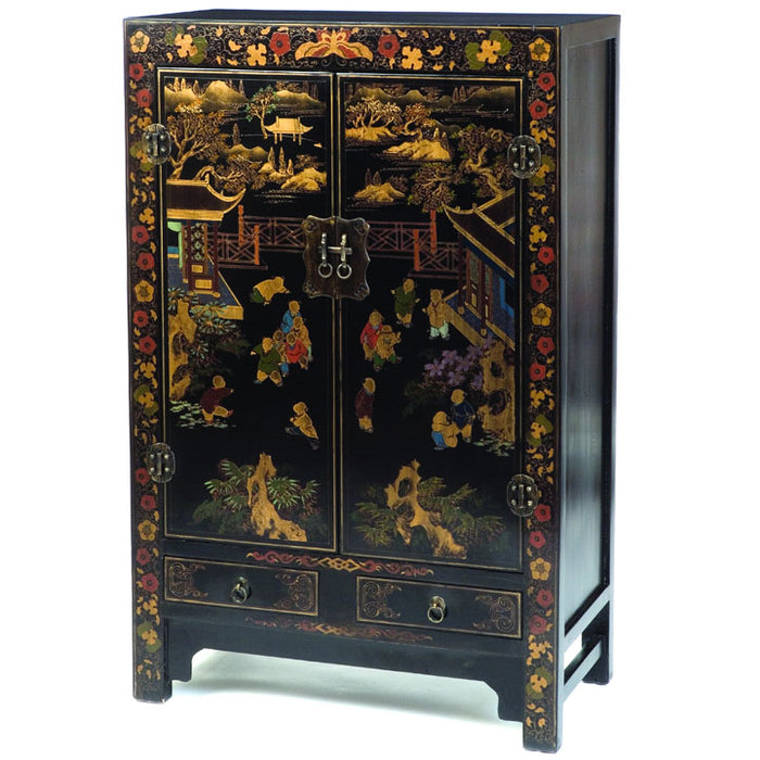 Shanxi Painted Chinese Cabinet, Black Lacquer